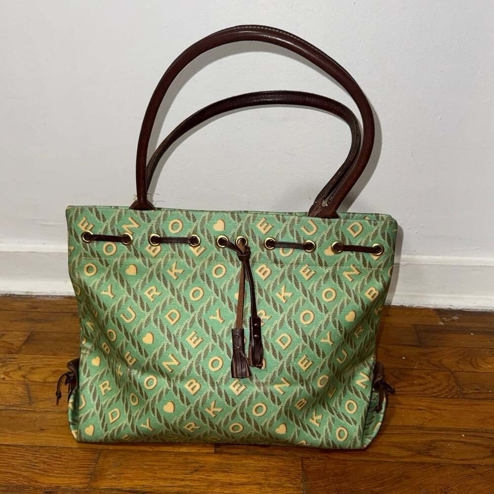 Vintage Dooney & Bourke Green Monogram Tassel Tote Bag
